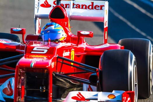 JEREZ DE LA FRONTERA, SPAIN - FEB 10: Fernando Alonso of Scuderia Ferrari F1 leaving the pit on training session on February 10 , 2012, in Jerez de la Frontera , Spain