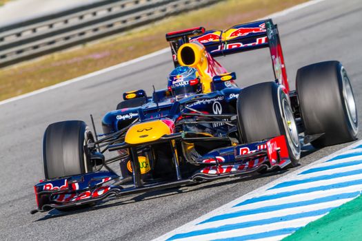 JEREZ DE LA FRONTERA, SPAIN - FEB 10: Sebastian Vettel of Red Bull F1 races on training session on February 10 , 2012, in Jerez de la Frontera , Spain