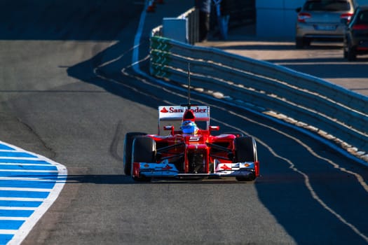 JEREZ DE LA FRONTERA, SPAIN - FEB 10: Fernando Alonso of Scuderia Ferrari F1 leaving the pit on training session on February 10 , 2012, in Jerez de la Frontera , Spain