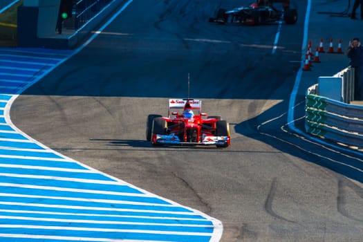 JEREZ DE LA FRONTERA, SPAIN - FEB 10: Fernando Alonso of Scuderia Ferrari F1 leaving the pit on training session on February 10 , 2012, in Jerez de la Frontera , Spain
