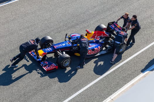 JEREZ DE LA FRONTERA, SPAIN - FEB 10: Sebastian Vettel of Red Bull F1 entering to the pit on training session on February 10 , 2012, in Jerez de la Frontera , Spain