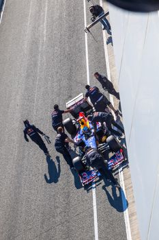 JEREZ DE LA FRONTERA, SPAIN - FEB 10: Sebastian Vettel of Red Bull F1 entering to the pit on training session on February 10 , 2012, in Jerez de la Frontera , Spain