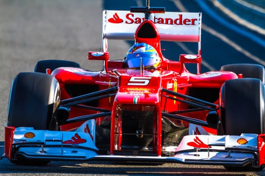JEREZ DE LA FRONTERA, SPAIN - FEB 10: Fernando Alonso of Scuderia Ferrari F1 leaving the pit on training session on February 10 , 2012, in Jerez de la Frontera , Spain