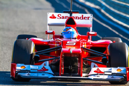JEREZ DE LA FRONTERA, SPAIN - FEB 10: Fernando Alonso of Scuderia Ferrari F1 leaving the pit on training session on February 10 , 2012, in Jerez de la Frontera , Spain