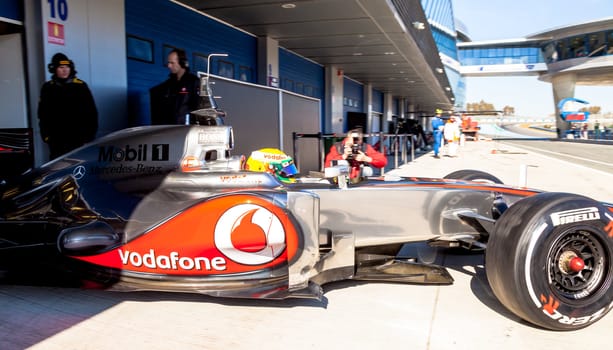 JEREZ DE LA FRONTERA, SPAIN - FEB 10: Lewis Hamilton of McLaren F1 leaving the pit on training session on February 10 , 2012, in Jerez de la Frontera , Spain