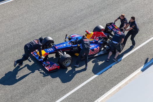 JEREZ DE LA FRONTERA, SPAIN - FEB 10: Sebastian Vettel of Red Bull F1 entering to the pit on training session on February 10 , 2012, in Jerez de la Frontera , Spain