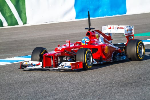 JEREZ DE LA FRONTERA, SPAIN - FEB 10: Fernando Alonso of Scuderia Ferrari F1 races on training session on February 10 , 2012, in Jerez de la Frontera , Spain