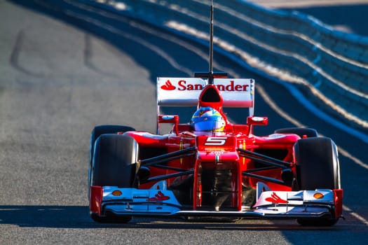 JEREZ DE LA FRONTERA, SPAIN - FEB 10: Fernando Alonso of Scuderia Ferrari F1 leaving the pit on training session on February 10 , 2012, in Jerez de la Frontera , Spain