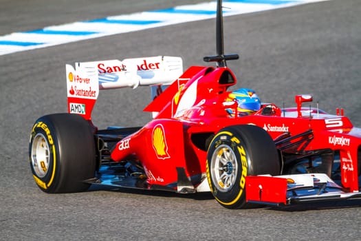 JEREZ DE LA FRONTERA, SPAIN - FEB 10: Fernando Alonso of Scuderia Ferrari F1 races on training session on February 10 , 2012, in Jerez de la Frontera , Spain