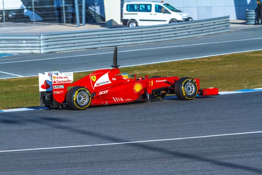 JEREZ DE LA FRONTERA, SPAIN - FEB 10: Fernando Alonso of Scuderia Ferrari F1 races on training session on February 10 , 2012, in Jerez de la Frontera , Spain