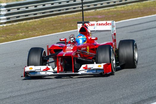 JEREZ DE LA FRONTERA, SPAIN - FEB 10: Fernando Alonso of Scuderia Ferrari F1 races on training session on February 10 , 2012, in Jerez de la Frontera , Spain