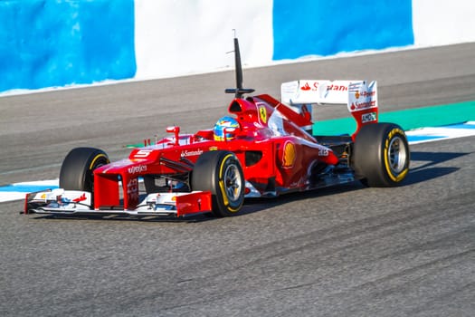 JEREZ DE LA FRONTERA, SPAIN - FEB 10: Fernando Alonso of Scuderia Ferrari F1 races on training session on February 10 , 2012, in Jerez de la Frontera , Spain