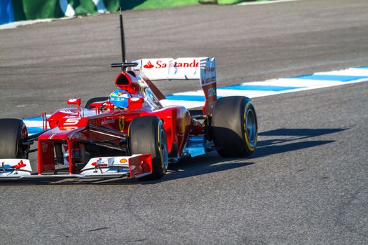 JEREZ DE LA FRONTERA, SPAIN - FEB 10: Fernando Alonso of Scuderia Ferrari F1 races on training session on February 10 , 2012, in Jerez de la Frontera , Spain