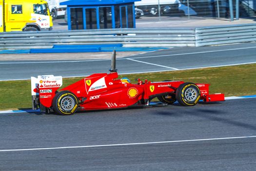 JEREZ DE LA FRONTERA, SPAIN - FEB 10: Fernando Alonso of Scuderia Ferrari F1 races on training session on February 10 , 2012, in Jerez de la Frontera , Spain