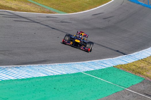 JEREZ DE LA FRONTERA, SPAIN - FEB 10: Sebastian Vettel of Red Bull F1 races on training session on February 10 , 2012, in Jerez de la Frontera , Spain