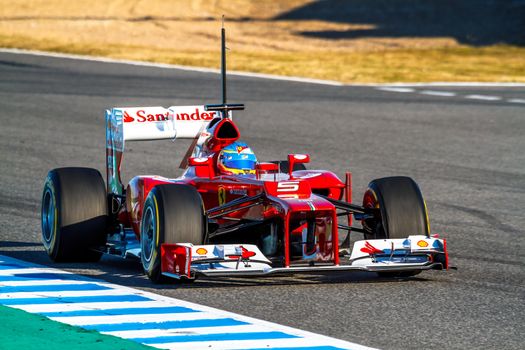 JEREZ DE LA FRONTERA, SPAIN - FEB 10: Fernando Alonso of Scuderia Ferrari F1 races on training session on February 10 , 2012, in Jerez de la Frontera , Spain