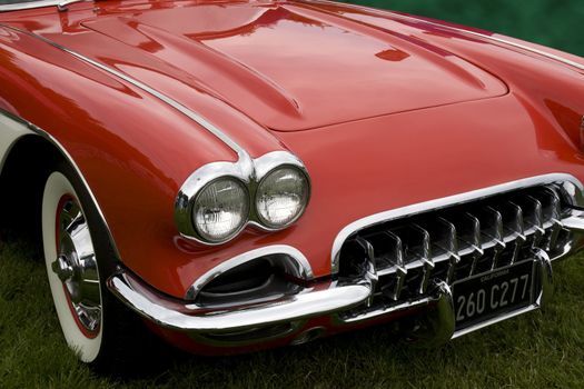the hood of a classic sports car with an altered number plate