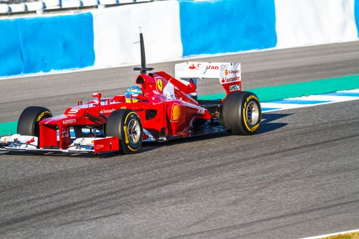 JEREZ DE LA FRONTERA, SPAIN - FEB 10: Fernando Alonso of Scuderia Ferrari F1 races on training session on February 10 , 2012, in Jerez de la Frontera , Spain