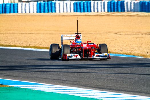 JEREZ DE LA FRONTERA, SPAIN - FEB 10: Fernando Alonso of Scuderia Ferrari F1 races on training session on February 10 , 2012, in Jerez de la Frontera , Spain
