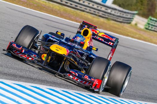 JEREZ DE LA FRONTERA, SPAIN - FEB 10: Sebastian Vettel of Red Bull F1 races on training session on February 10 , 2012, in Jerez de la Frontera , Spain