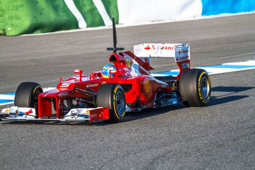 JEREZ DE LA FRONTERA, SPAIN - FEB 10: Fernando Alonso of Scuderia Ferrari F1 races on training session on February 10 , 2012, in Jerez de la Frontera , Spain
