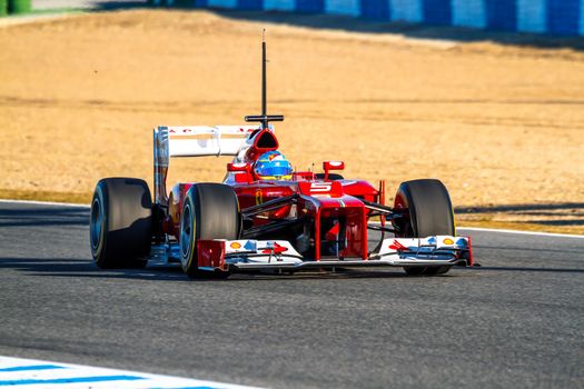 JEREZ DE LA FRONTERA, SPAIN - FEB 10: Fernando Alonso of Scuderia Ferrari F1 races on training session on February 10 , 2012, in Jerez de la Frontera , Spain