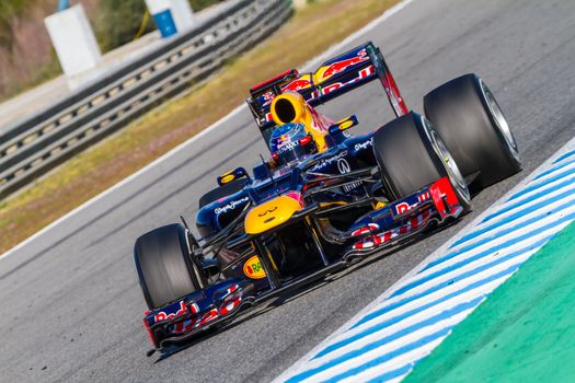 JEREZ DE LA FRONTERA, SPAIN - FEB 10: Sebastian Vettel of Red Bull F1 races on training session on February 10 , 2012, in Jerez de la Frontera , Spain