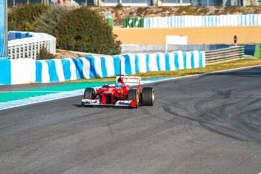 JEREZ DE LA FRONTERA, SPAIN - FEB 10: Fernando Alonso of Scuderia Ferrari F1 races on training session on February 10 , 2012, in Jerez de la Frontera , Spain