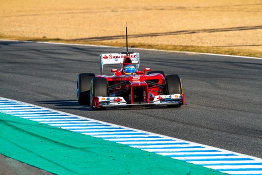 JEREZ DE LA FRONTERA, SPAIN - FEB 10: Fernando Alonso of Scuderia Ferrari F1 races on training session on February 10 , 2012, in Jerez de la Frontera , Spain