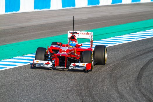 JEREZ DE LA FRONTERA, SPAIN - FEB 10: Fernando Alonso of Scuderia Ferrari F1 races on training session on February 10 , 2012, in Jerez de la Frontera , Spain