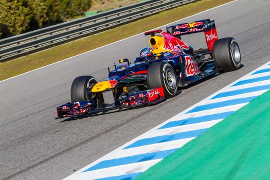 JEREZ DE LA FRONTERA, SPAIN - FEB 10: Sebastian Vettel of Red Bull F1 races on training session on February 10 , 2012, in Jerez de la Frontera , Spain
