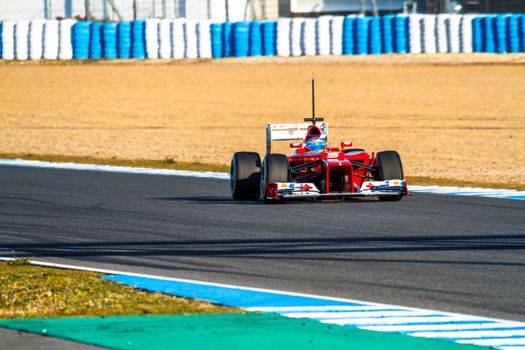 JEREZ DE LA FRONTERA, SPAIN - FEB 10: Fernando Alonso of Scuderia Ferrari F1 races on training session on February 10 , 2012, in Jerez de la Frontera , Spain