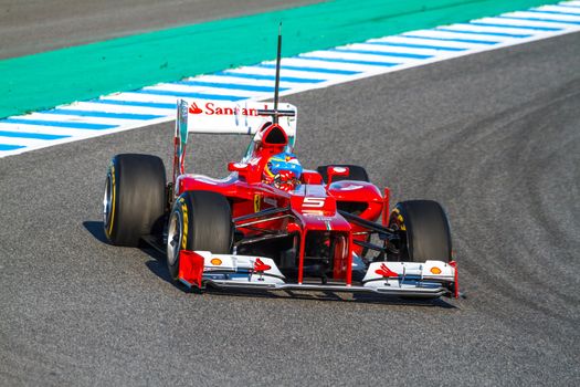 JEREZ DE LA FRONTERA, SPAIN - FEB 10: Fernando Alonso of Scuderia Ferrari F1 races on training session on February 10 , 2012, in Jerez de la Frontera , Spain
