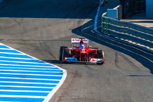 JEREZ DE LA FRONTERA, SPAIN - FEB 10: Fernando Alonso of Scuderia Ferrari F1 leaving the pit on training session on February 10 , 2012, in Jerez de la Frontera , Spain