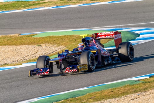 JEREZ DE LA FRONTERA, SPAIN - FEB 10: Jean Eric Vergne of Toro Rosso F1 races on training session on February 10 , 2012, in Jerez de la Frontera , Spain