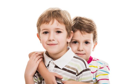 Family happiness - two little smiling child boy brothers white isolated