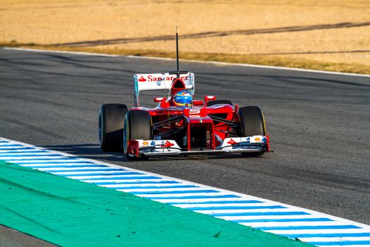 JEREZ DE LA FRONTERA, SPAIN - FEB 10: Fernando Alonso of Scuderia Ferrari F1 races on training session on February 10 , 2012, in Jerez de la Frontera , Spain