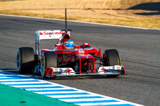 JEREZ DE LA FRONTERA, SPAIN - FEB 10: Fernando Alonso of Scuderia Ferrari F1 races on training session on February 10 , 2012, in Jerez de la Frontera , Spain