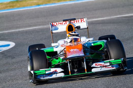 JEREZ DE LA FRONTERA, SPAIN - FEB 10: Nico Hülkenberg of Force India F1 races on training session on February 10 , 2012, in Jerez de la Frontera , Spain