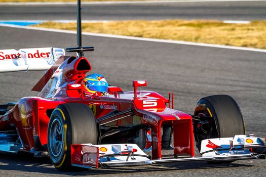 JEREZ DE LA FRONTERA, SPAIN - FEB 10: Fernando Alonso of Scuderia Ferrari F1 races on training session on February 10 , 2012, in Jerez de la Frontera , Spain
