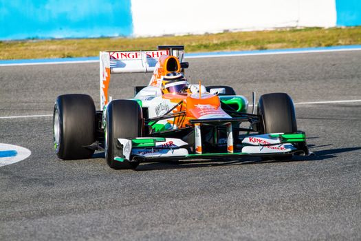 JEREZ DE LA FRONTERA, SPAIN - FEB 10: Nico Hülkenberg of Force India F1 races on training session on February 10 , 2012, in Jerez de la Frontera , Spain