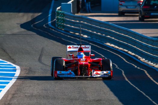 JEREZ DE LA FRONTERA, SPAIN - FEB 10: Fernando Alonso of Scuderia Ferrari F1 leaving the pit on training session on February 10 , 2012, in Jerez de la Frontera , Spain