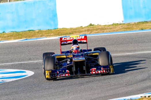 JEREZ DE LA FRONTERA, SPAIN - FEB 10: Jean Eric Vergne of Toro Rosso F1 races on training session on February 10 , 2012, in Jerez de la Frontera , Spain
