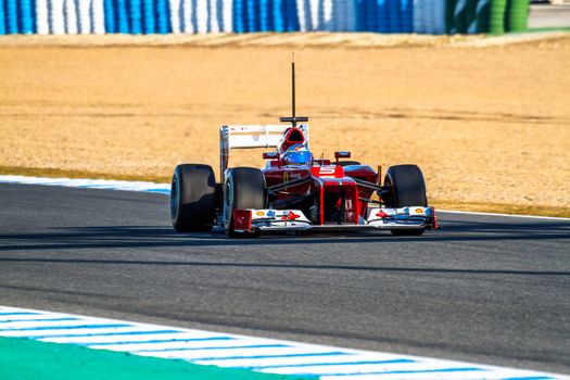 JEREZ DE LA FRONTERA, SPAIN - FEB 10: Fernando Alonso of Scuderia Ferrari F1 races on training session on February 10 , 2012, in Jerez de la Frontera , Spain
