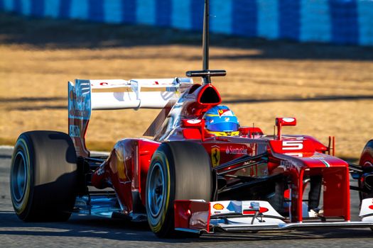 JEREZ DE LA FRONTERA, SPAIN - FEB 10: Fernando Alonso of Scuderia Ferrari F1 races on training session on February 10 , 2012, in Jerez de la Frontera , Spain
