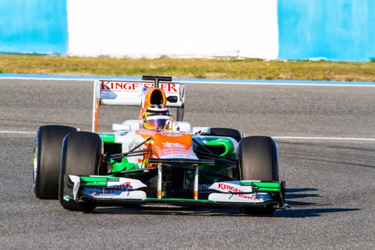 JEREZ DE LA FRONTERA, SPAIN - FEB 10: Nico Hülkenberg of Force India F1 races on training session on February 10 , 2012, in Jerez de la Frontera , Spain