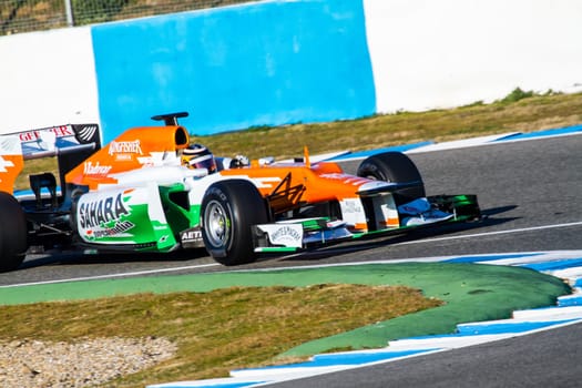 JEREZ DE LA FRONTERA, SPAIN - FEB 10: Nico Hülkenberg of Force India F1 races on training session on February 10 , 2012, in Jerez de la Frontera , Spain