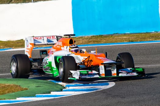 JEREZ DE LA FRONTERA, SPAIN - FEB 10: Nico Hülkenberg of Force India F1 races on training session on February 10 , 2012, in Jerez de la Frontera , Spain