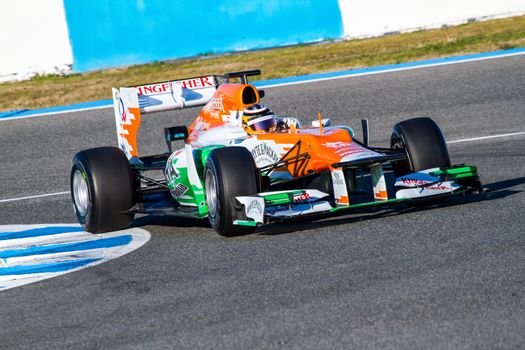 JEREZ DE LA FRONTERA, SPAIN - FEB 10: Nico Hülkenberg of Force India F1 races on training session on February 10 , 2012, in Jerez de la Frontera , Spain