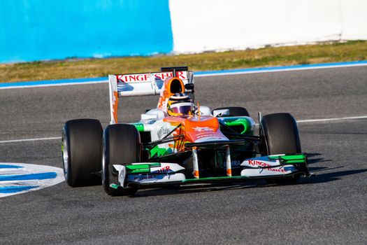JEREZ DE LA FRONTERA, SPAIN - FEB 10: Nico Hülkenberg of Force India F1 races on training session on February 10 , 2012, in Jerez de la Frontera , Spain